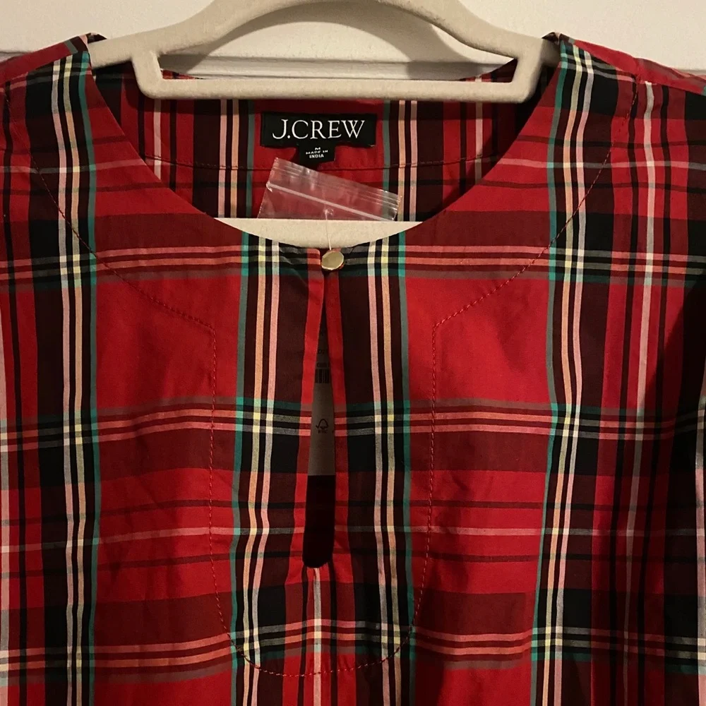 NWT J. Crew Puff-sleeve Poplin Top Good Tidings Plaid Red Size Medium